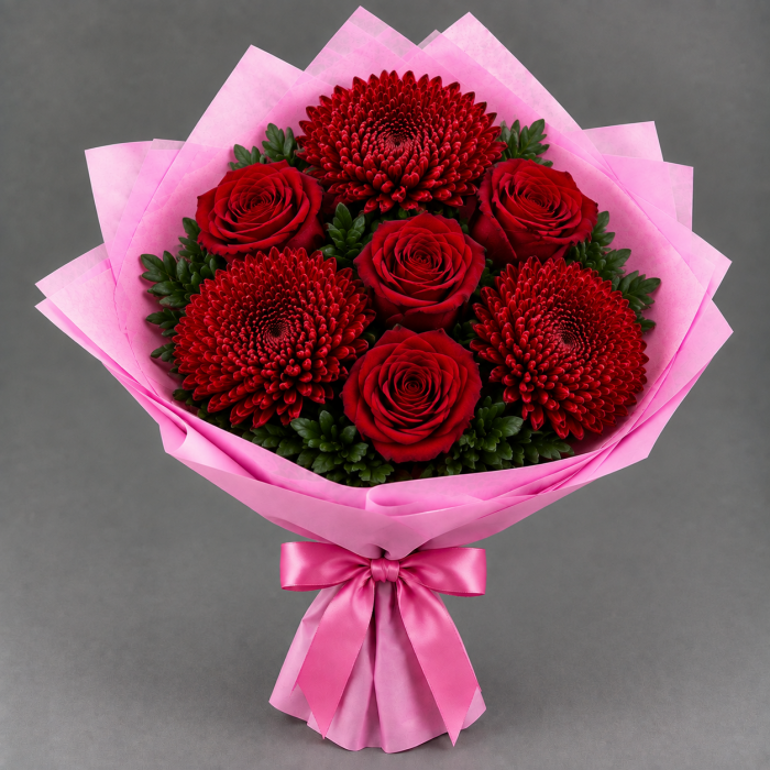Букет красных хризантем и роз