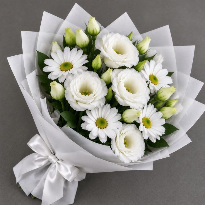Букет из белых эустом и ромашек, фото 2